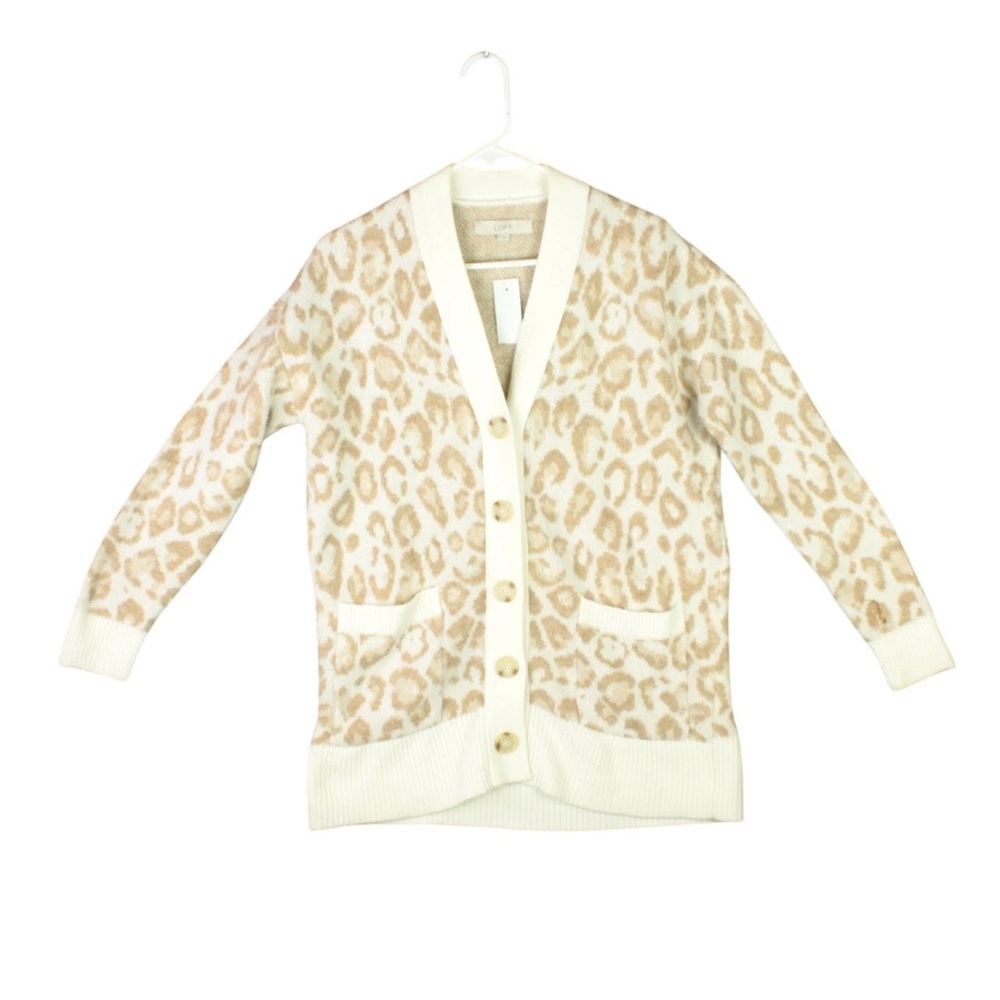 Loft Women M Button Sweater Cardigan Beige Long Sleeve Leopard Print Soft NWT